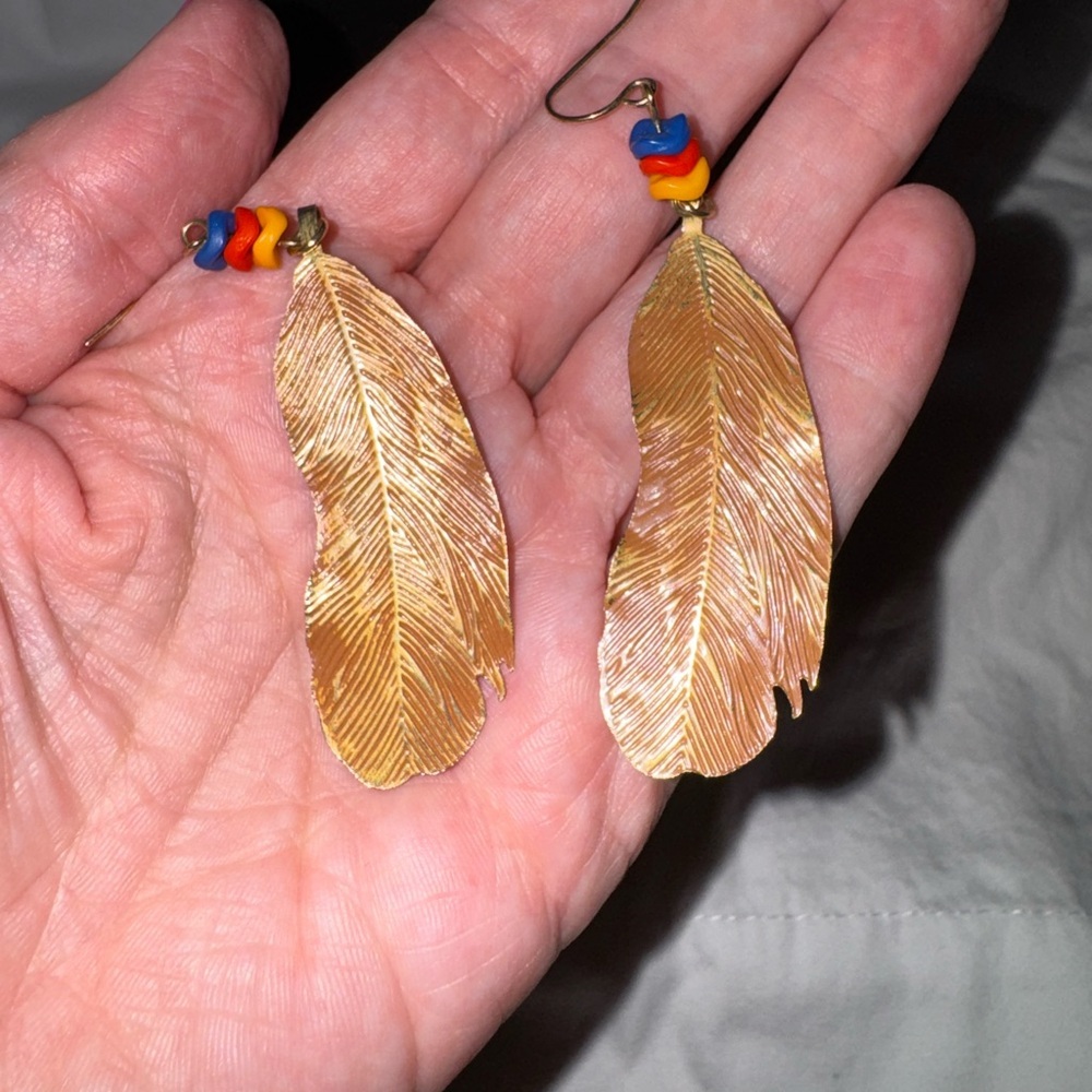 Gold Feather Earrings with Multicolor Beads – Boho Dangle Jewelry